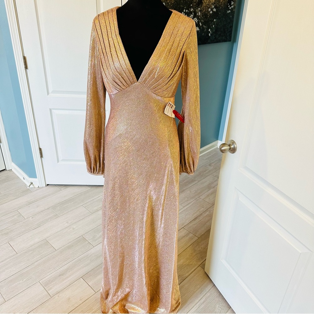 Ieena Mac Duggal Gold Metallic Long Sleeve Empire Waist Gold NWT $398 26650 Sz 6